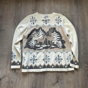 Alfred Dunner Fair Isle Sweater Women Medium Woodland‎ Norse Trees Deer Vintage